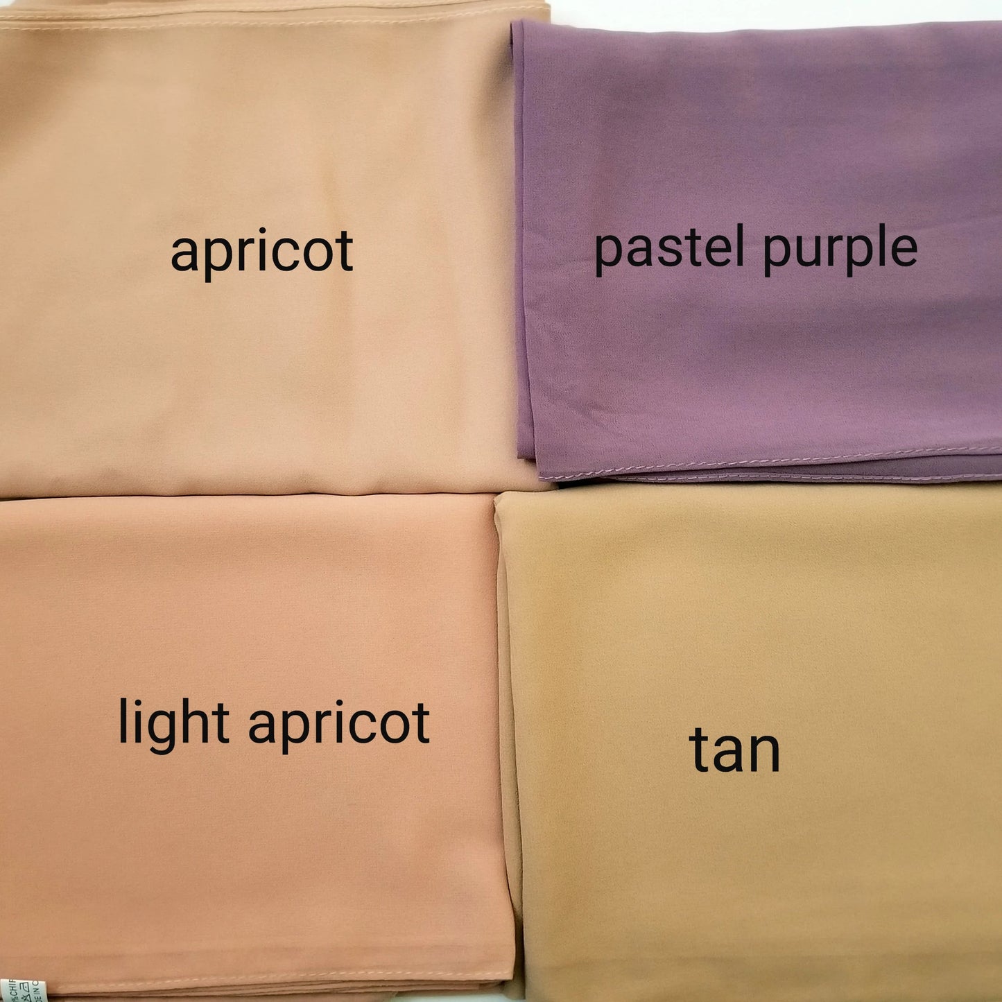 Four folded chiffon hijabs labeled 'apricot', 'pastel purple', 'light apricot', and 'tan' on a white background.