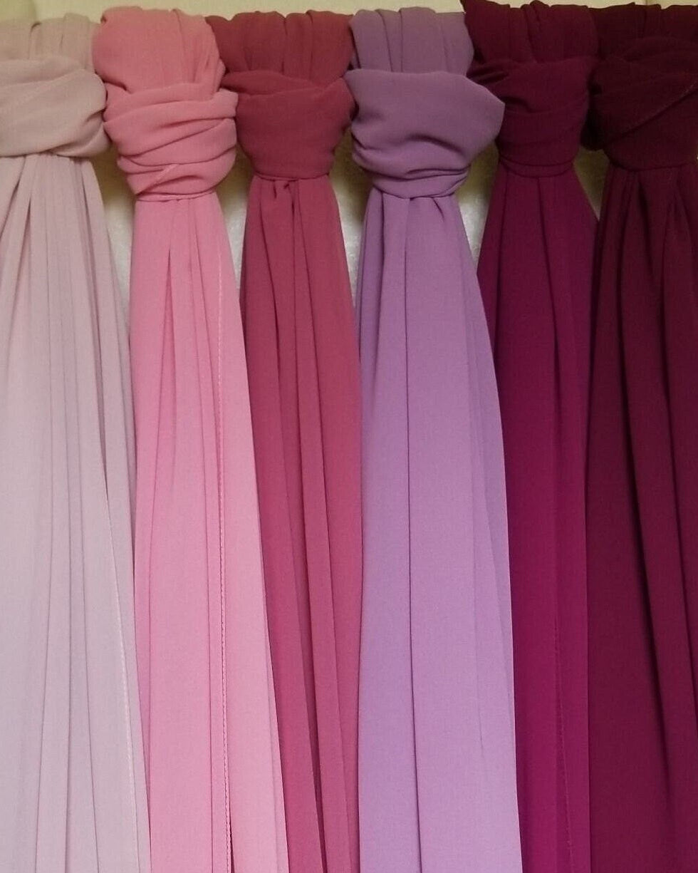Set of five fabric swatches in pink and purple tones on a white background Lightweight plain chiffon hijab fabric