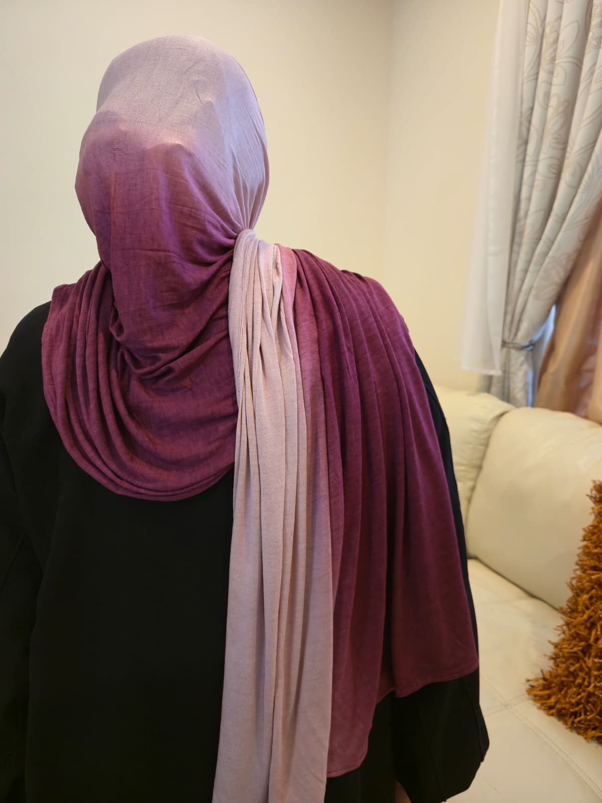 Woman wearing ombre cotton jersey hijab with elegant drape