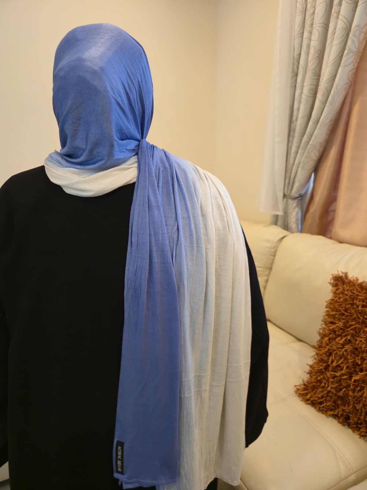 Woman wearing ombre cotton jersey hijab with elegant drape