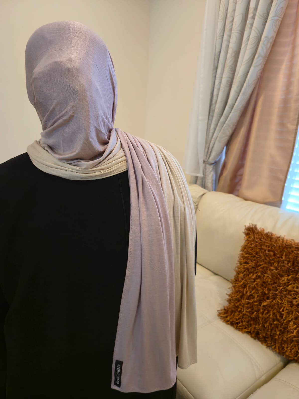 Woman wearing ombre cotton jersey hijab with elegant drape