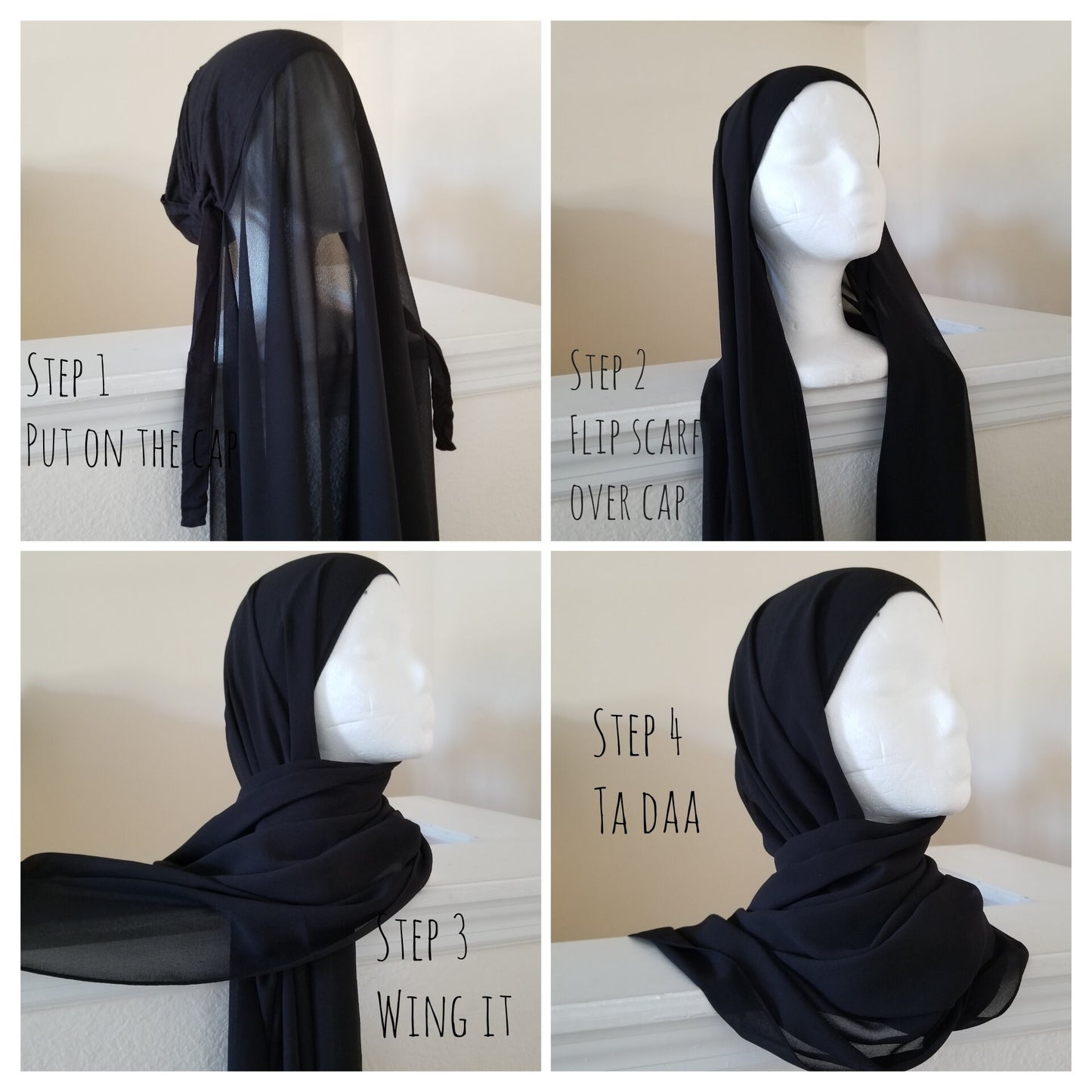 A series of images showing a black chiffon hijab on a mannequin head, demonstrating the steps of putting on the hijab over the head and adjusting the scarf.